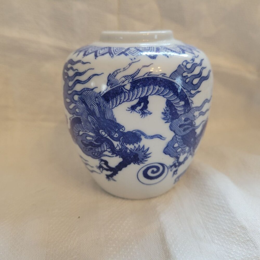 Vintage Japanese Blue & White Porcelain Dragon Vase Decorative Collectible